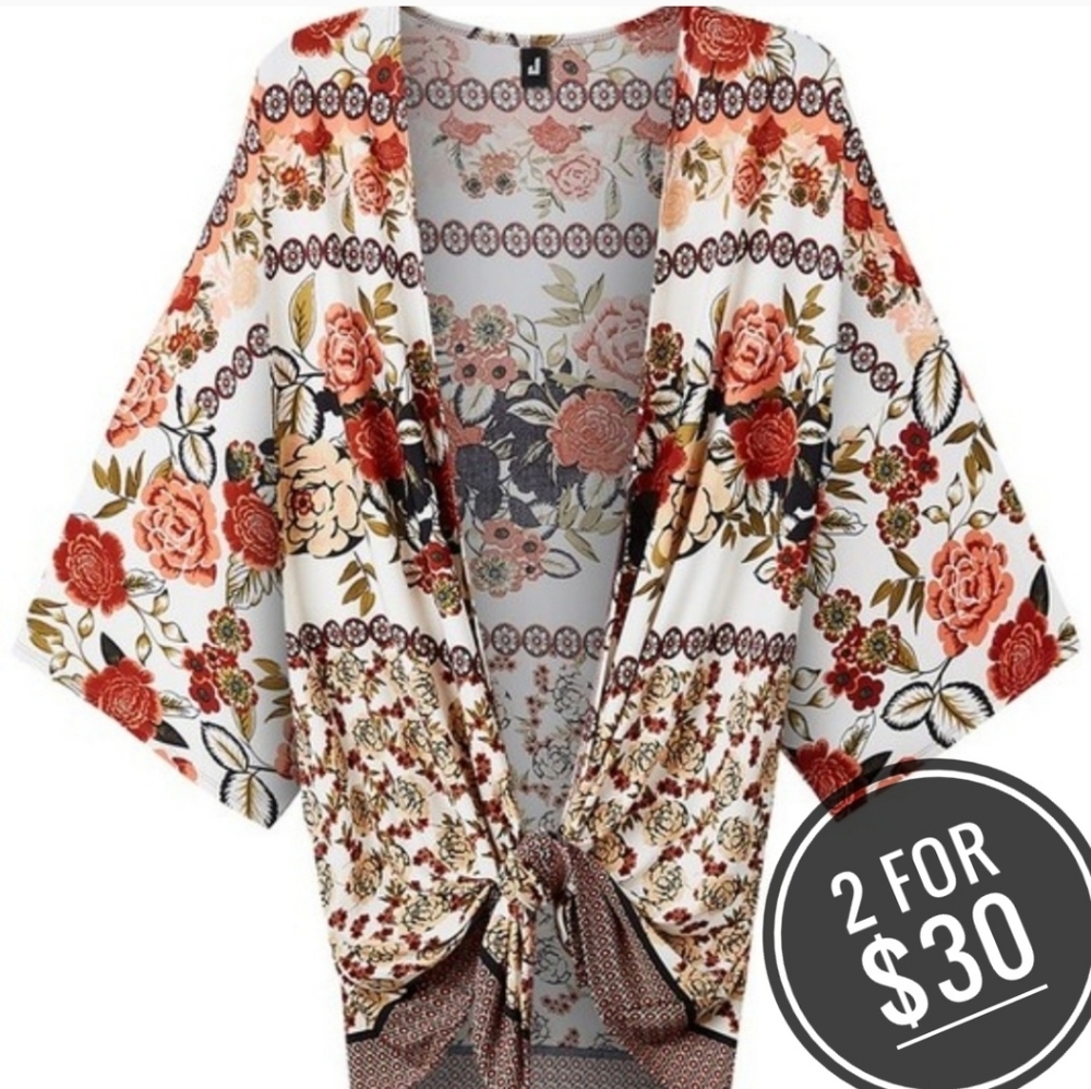 New Floral Coral, Ivory, Kimono Beach Cover Top